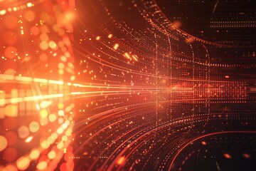 Obraz premium Abstract digital tunnel of glowing orange light and data streams. Futuristic technology background.