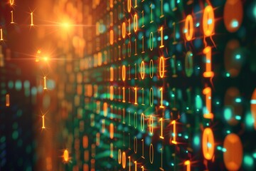Obraz premium Glowing binary code streams across a digital landscape. A futuristic tech background image.
