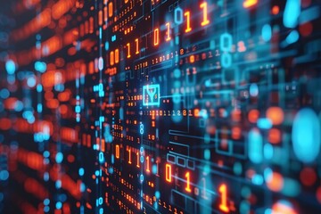 Obraz premium Abstract digital data stream with glowing binary code and circuit patterns. A futuristic technology background.