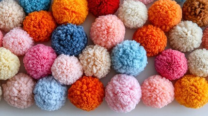 Colorful yarn pom-poms arranged in rows.