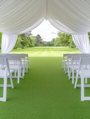 Elegant outdoor wedding venue with white chairs and draped canopy on a green lawn