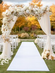 Elegant outdoor wedding archway with floral decorations in autumn setting
