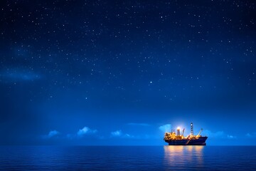 Fototapeta premium Majestic Night Sky Over Calm Waters with a Drilling Ship Illuminated by Bright Lights and Stars, Creating a Serene Maritime Scene at Twilight