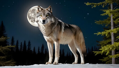 Obraz premium A majestic wolf on a rocky ledge under a full moon, with a starry sky and mountainous background, generative