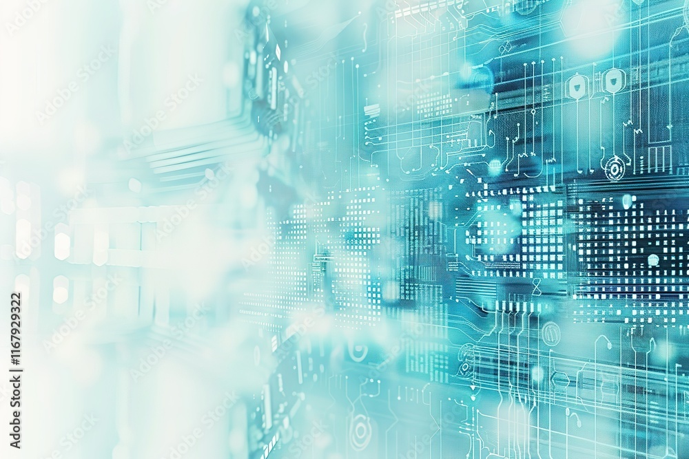 Poster abstract digital technology background with circuit board patterns and glowing elements.