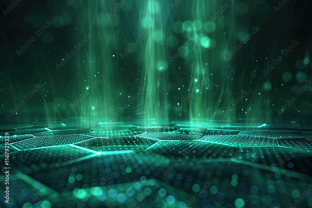 Poster abstract green digital network background. futuristic tech texture with glowing lights and hexagonal