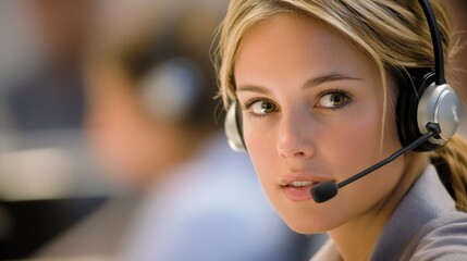 96.A close-up of a telesales agent wearing a wireless headset microphone, sitting at her desk in a call center. She is focused and attentive, speaking to a customer over the phone. The headset is