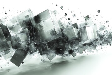 Abstract grayscale cubes exploding.