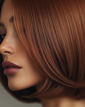 Close-up of copper straight bob-cut hairstyle with partially hidden face