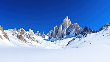 Obraz premium Majestic snow-covered mountains under a clear blue sky.