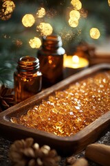Golden resin crystals and amber bottles with candlelight create a warm, inviting atmosphere in a cozy setting