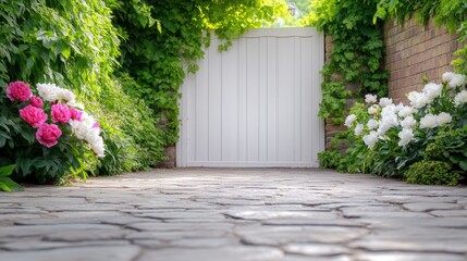 Fototapeta premium Serene garden pathway with vibrant flowers and white gate in sunlit greenery