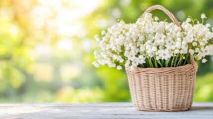Charming basket of white lily of the valley flowers on rustic wooden table with sunny background