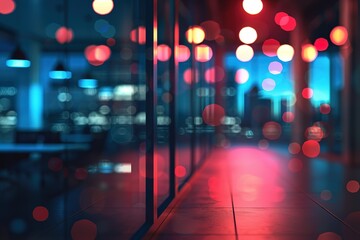 Evening ambiance in a modern building with warm and cool lighting creating a vibrant atmosphere.