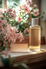 Natural hair care products displayed on a wooden surface beside blooming flowers in a serene indoor setting