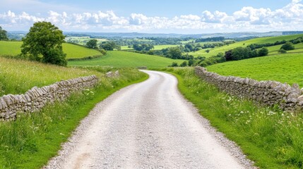Idyllic countryside road with lush green fields and stone walls on a bright summer day