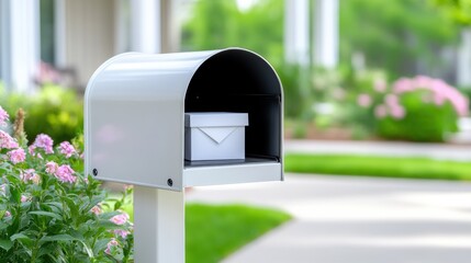White mailbox with parcel surrounded by lush greenery in suburban setting
