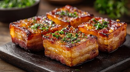 Crispy bacon cubes on plate