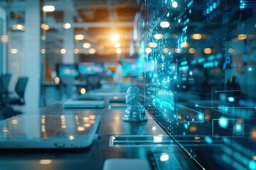 Modern tech office with data visualization on a large screen and tablets on a desk.