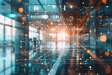 Abstract digital network data flow in modern office building. Futuristic technology concept.