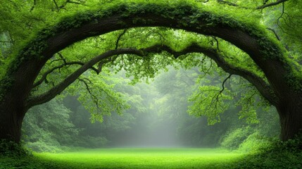 Enchanting green forest archway with lush foliage and mystical fog