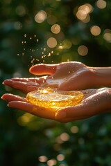 Hands presenting sparkling soap under sunlight with droplets in a serene natural setting