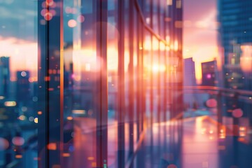 Cityscape sunset view from modern building. Warm light and blurry city lights.