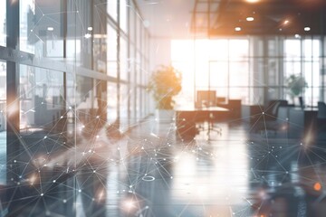 Modern office space with bright windows and abstract network overlay.