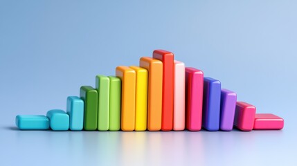 Colorful 3d bar chart in rainbow gradient on blue background