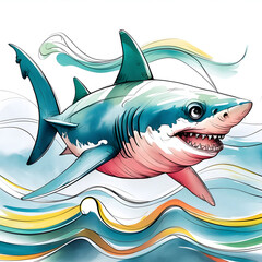 A watercolor and pencil sketch of a whimsical shark illustration, sculpted in the ocean.