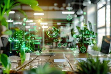 Modern office with futuristic green technology interface projected onto a wooden desk.