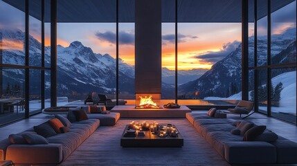 Fototapeta premium Modern mountain home living room with sunset view.