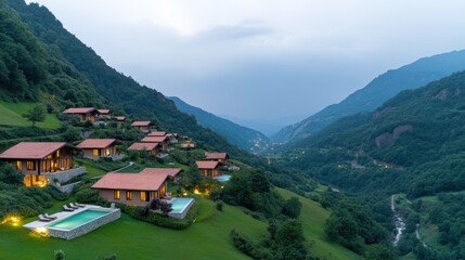 Obraz premium Scenic mountain valley retreat with luxurious villas and infinity pools at dusk