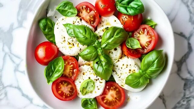 A vibrant Caprese salad featuring mozzarella, ripe tomatoes, and fresh basil, perfect for summer meals or appetizers.