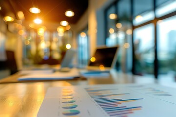 Financial data charts on a desk in a modern office, laptops blurred in the background.