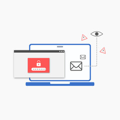 Cyber ​​security icons in data protection, secure connection, privacy, hacking threats and compliance measures. Cyber ​​threats, data privacy, spyware, internet malware. Vector illustration