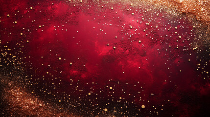A minimalist dark red backdrop with golden sparkles scattered across, evoking a sense of luxury and festivity. with copy space for text