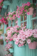 Obraz premium Colorful hanging flowers brighten up a quaint building exterior in a charming neighborhood during springtime