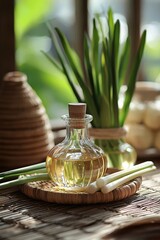 Fresh ingredients and oil displayed on a rustic table in a warm kitchen setting during daylight hours