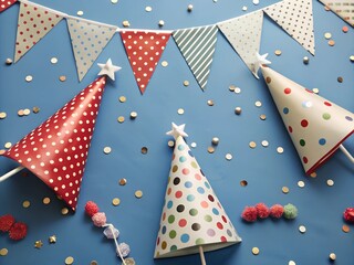 Obraz premium Festive Birthday Celebration Background with Party Hat, Balloons, and Colorful Decorations.