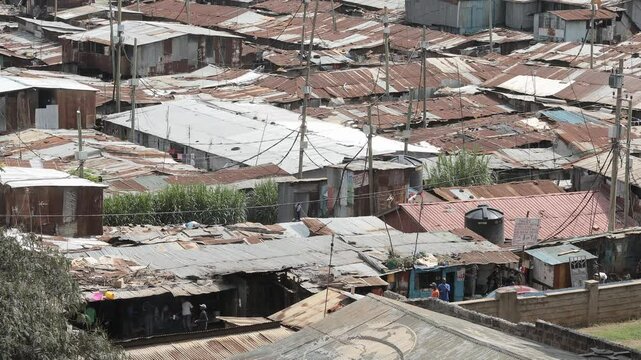 Overview of life going on in the Kibera slum of Nairobi, Kenya.