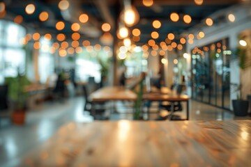 Fototapeta premium Empty wooden table in a modern, brightly lit co-working space with blurred background of desks and people.