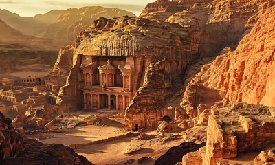 The ancient stone-carved city of Petra glowing under the sunlight - Powered by Adobe