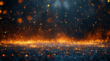 Fototapeta premium A charcoal gray background with scattered light points in gold and silver, mimicking the flicker of fireflies. with copy space for text