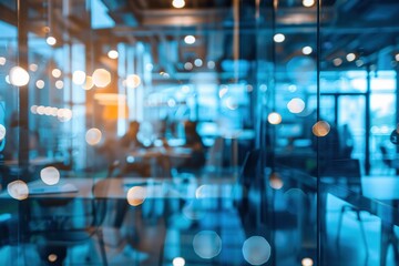 Blurred view of a modern office space with people working.  Warm lighting and a contemporary design.