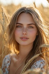 Young woman with radiant smile posing in a golden wheat field during sunset