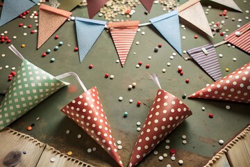 Obraz premium Festive Birthday Celebration Background with Party Hat, Balloons, and Colorful Decorations.