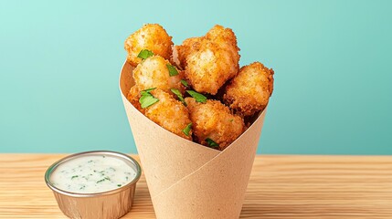 Gourmet Vegan Tofu "Shrimp" in Paper Cone with Tartar Sauce - Culinary Delight with Crispy Texture and Savory Flavors