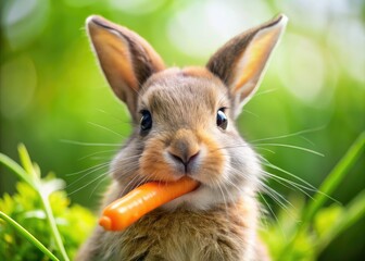 Adorable bunny, a carrot feast; fluffy fur, happy treat.