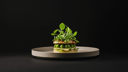 Gourmet Chickpea Burger on Ceramic Plate with Pea Shoots - Modern Culinary Delight in Cinematic Style